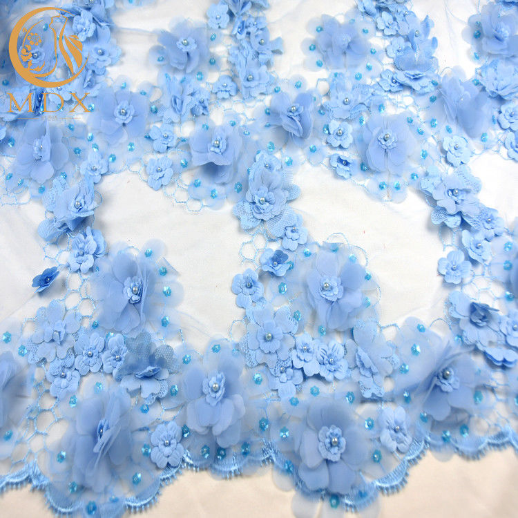 Kundenspezifisches Blumen-Spitze-Gewebe-materielles Nylon des Kleid3d mit perlenbesetzter Stickerei
