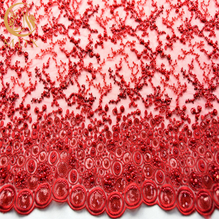 Stickerei bördelte handgemachte 135cm Breite des roten der Blumen-Spitze-20% Polyester-Funkeln-