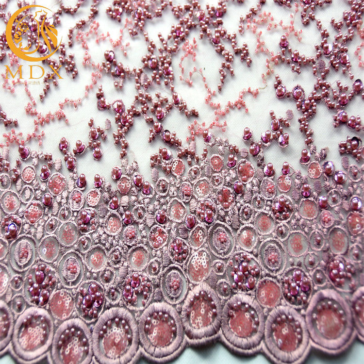 Stickte pinkfarbenes Spitze-Gewebe ODM 80% Nylon mit Funkeln-Dekoration